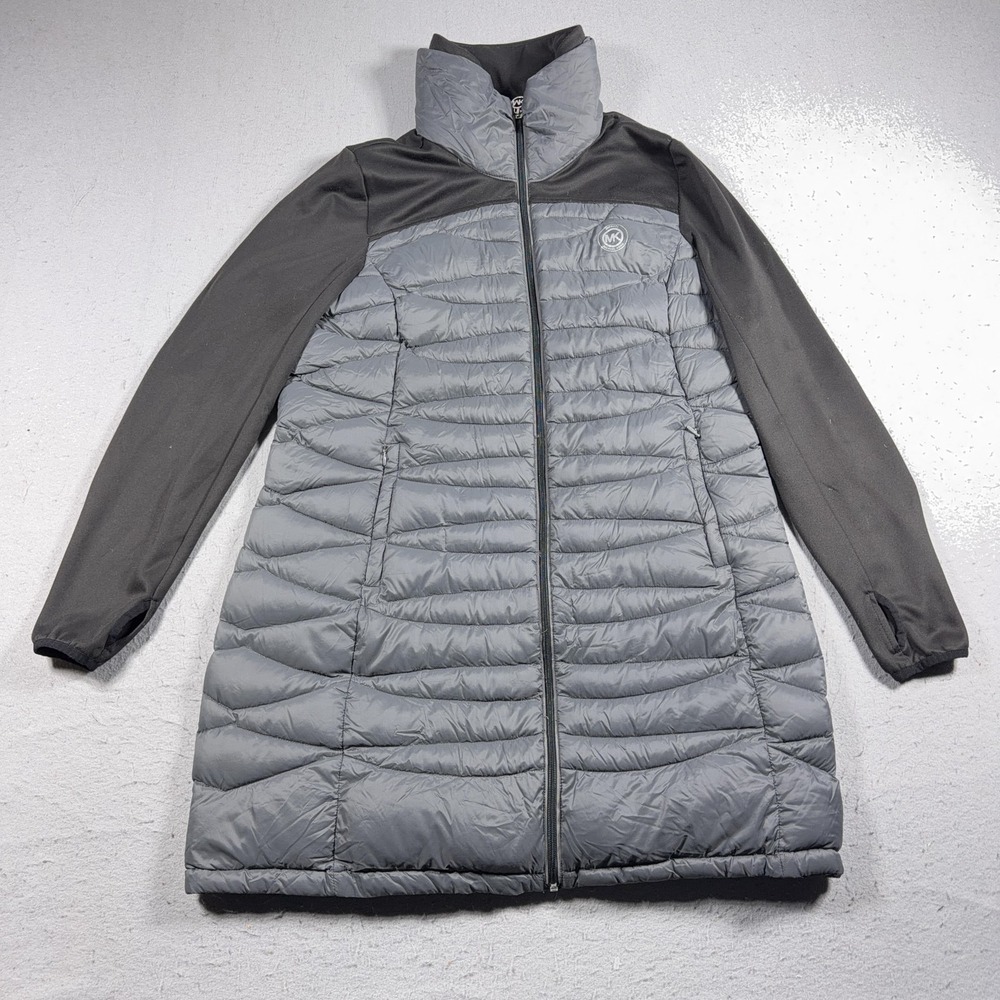 Michael Kors Coat Womens Medium Gray Full Zip Quilted Down Puffer Softshell Long